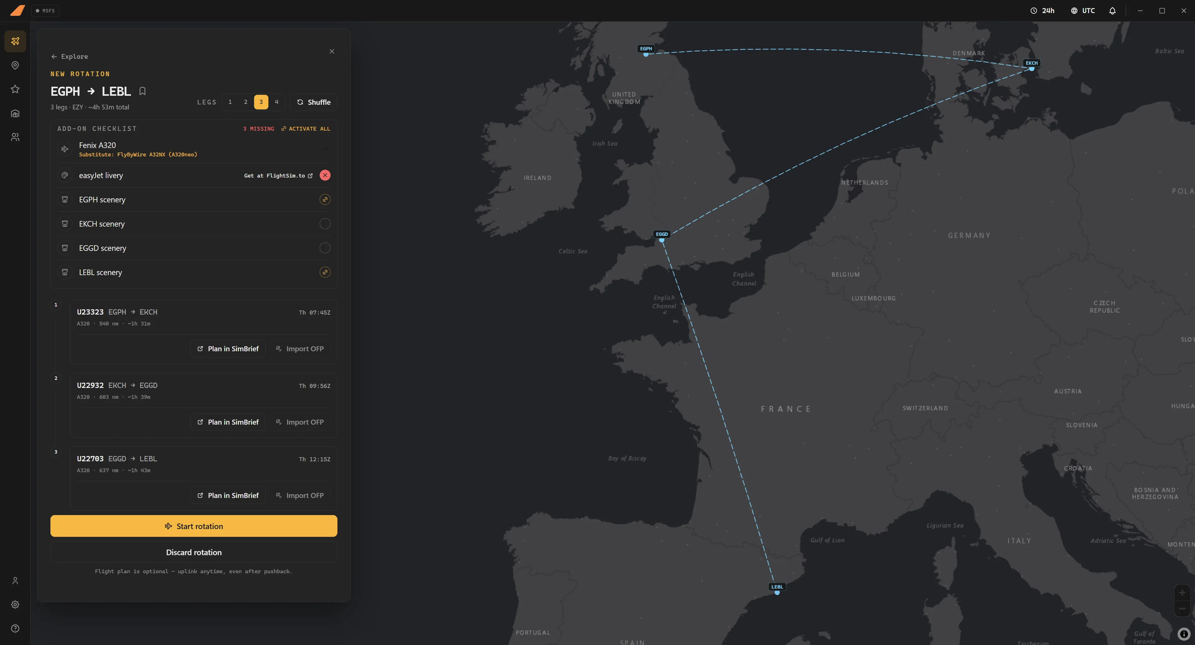 FINRES Ops draft checklist — a new rotation from Edinburgh to Belfast with the add-on checklist resolving the flown aircraft and scenery