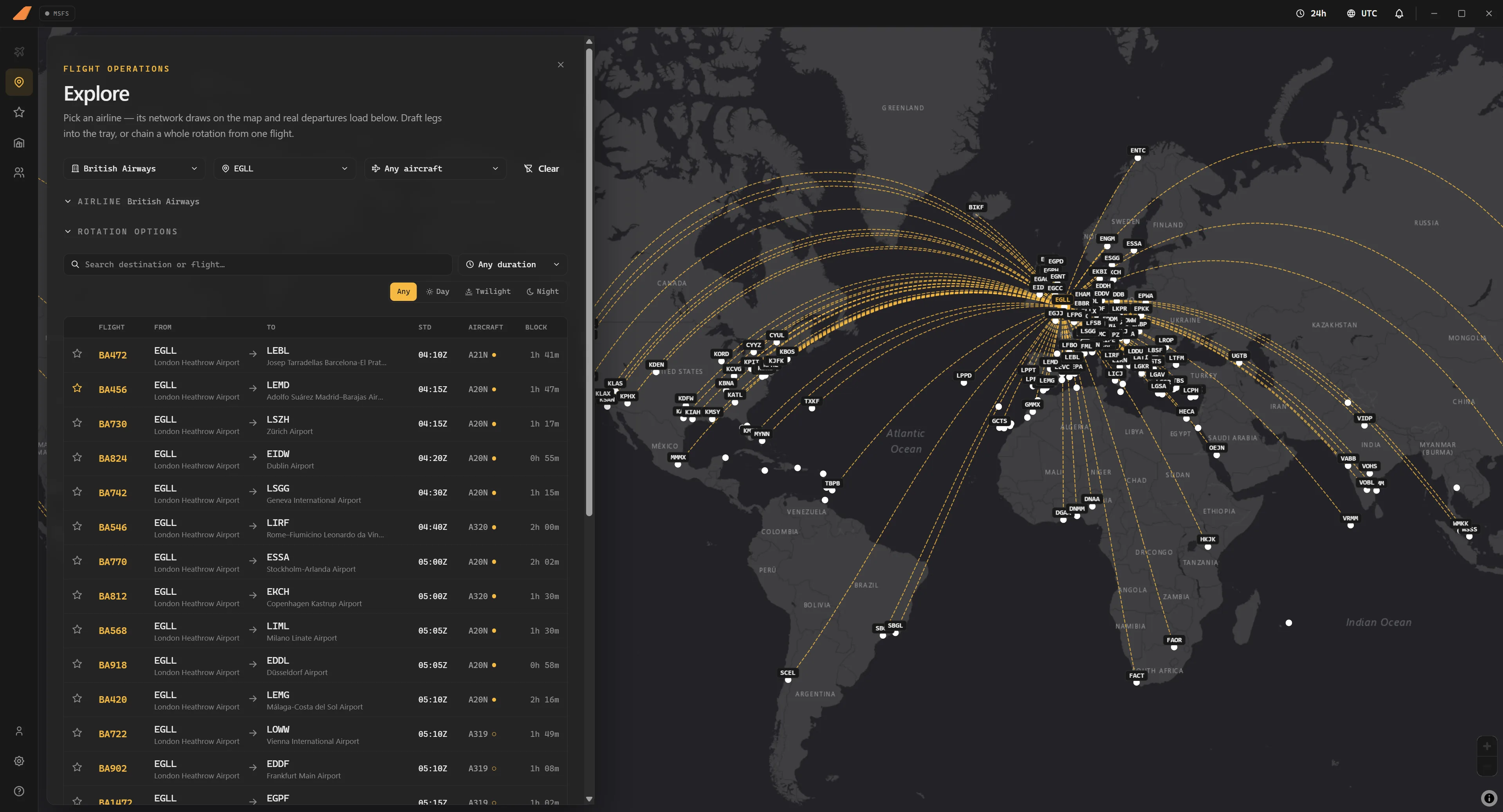 FINRES Ops Explore — the British Airways network fanned out over Europe and the Atlantic with the real departures board beside it
