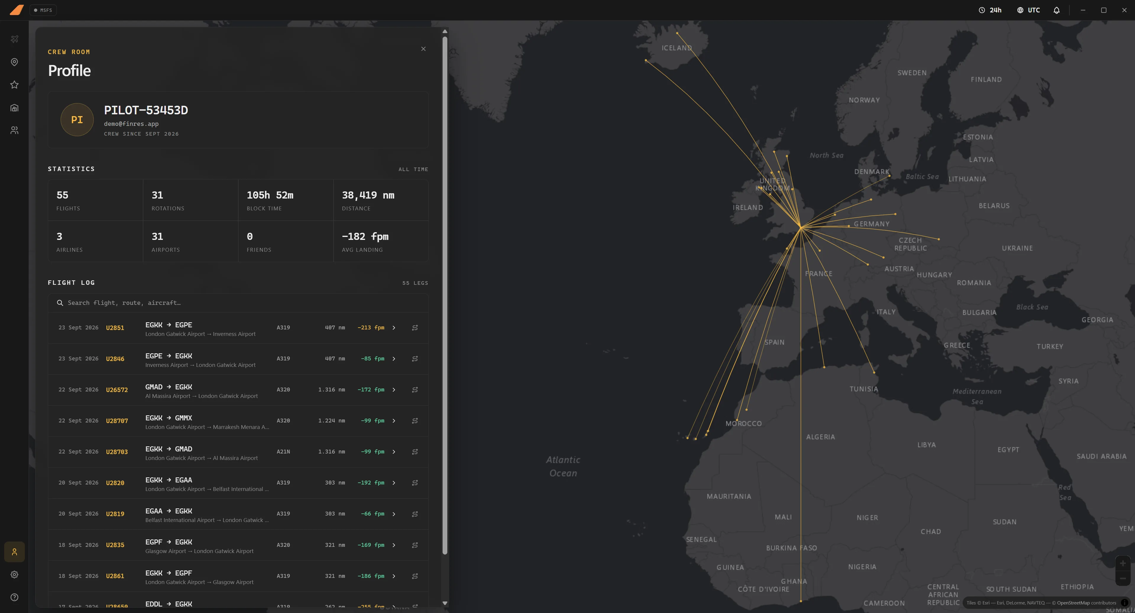 FINRES Ops profile — the SPEEDBIRD pilot card with all-time statistics, the flight log and flown routes arcing across the map