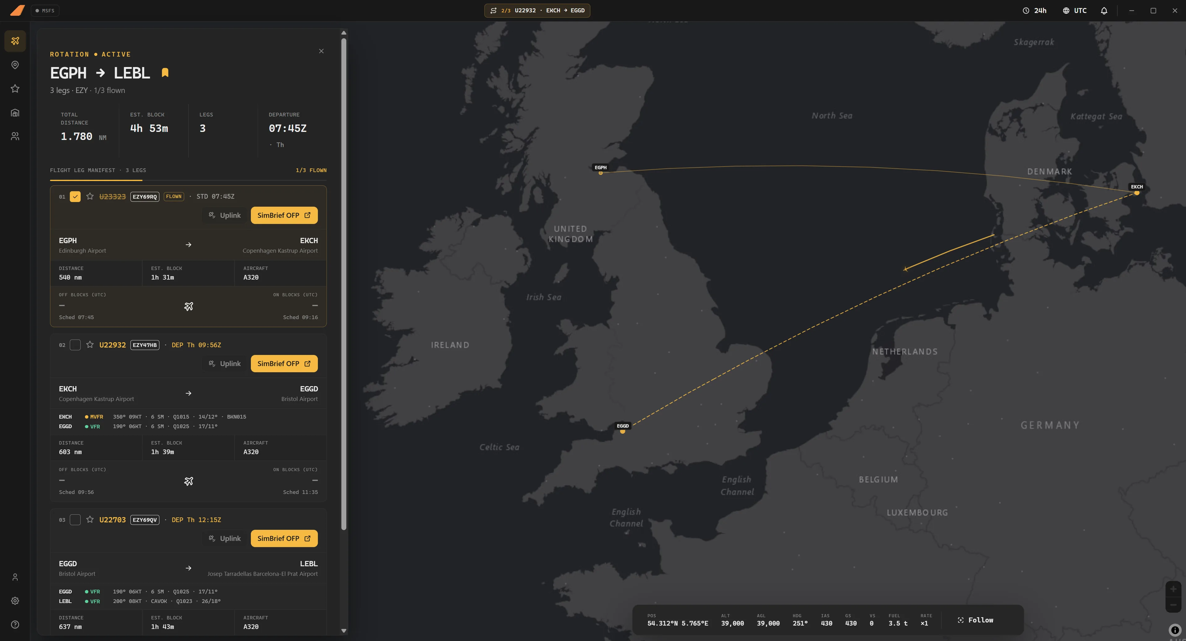 FINRES Ops rotation view — an active three-leg British Airways rotation from Heathrow to Palma with the flown route drawn on the map