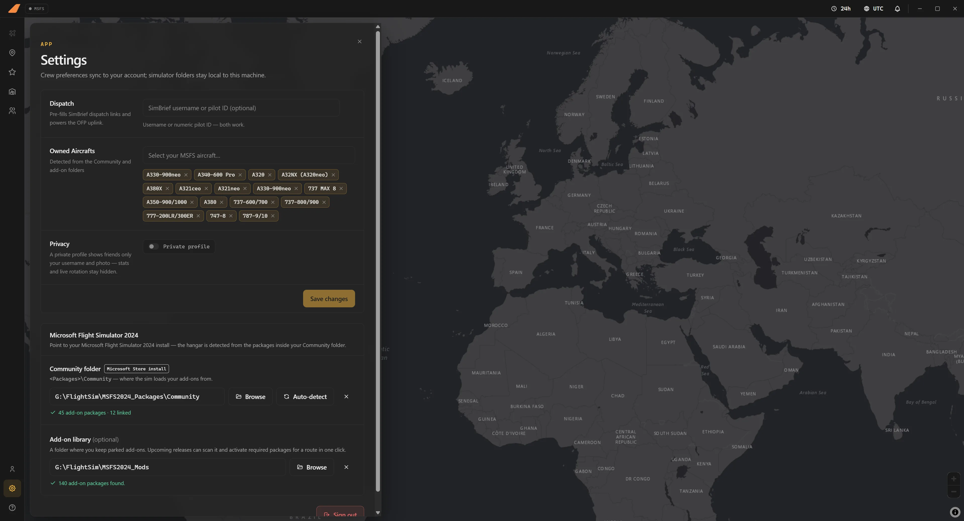 FINRES Ops settings — owned MSFS aircraft, privacy options and the Community folder scan finding add-on packages